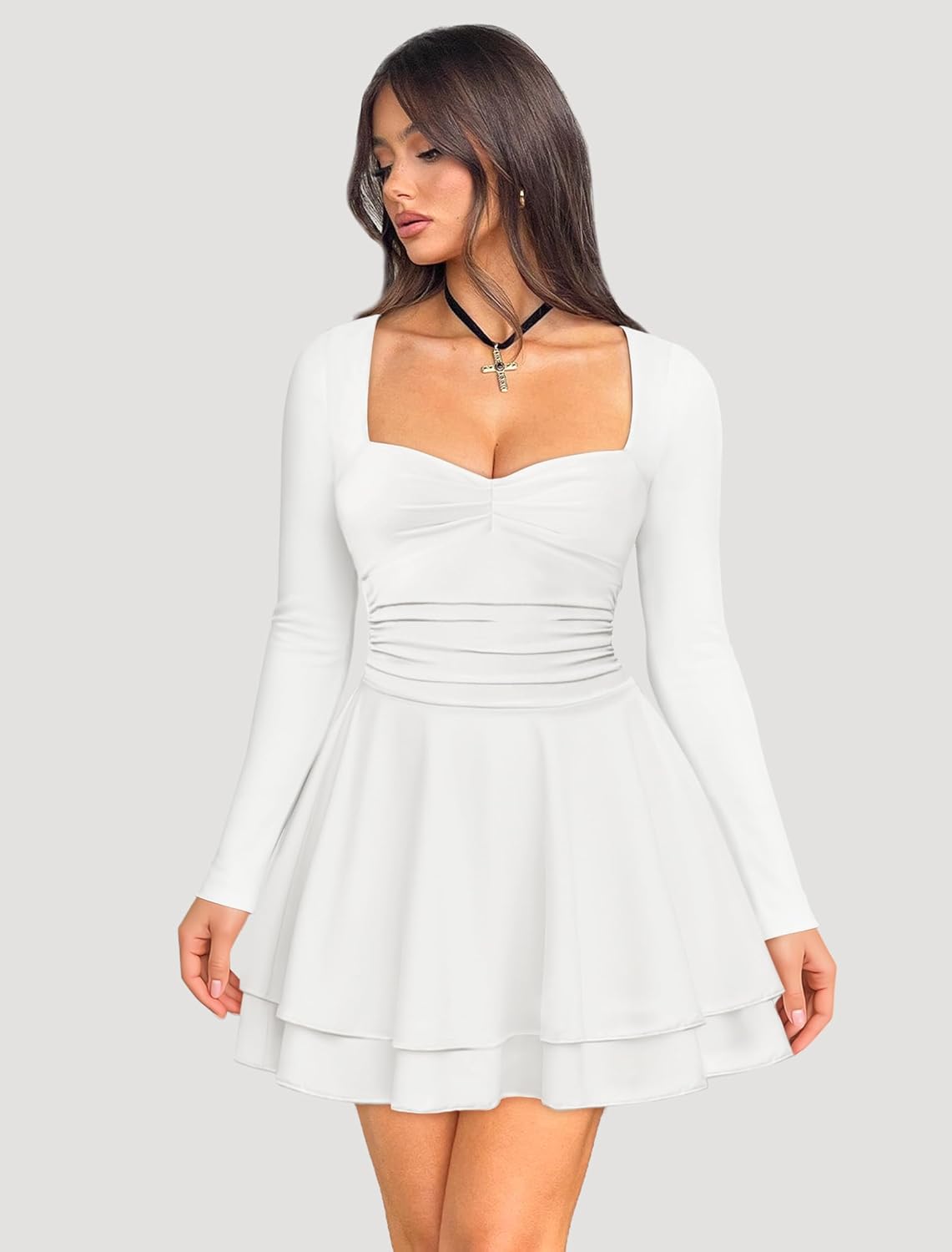 IWD Women's Square Neck Long Sleeve Mini Dress Ruched Corset Waist Tiered Ruffle Hem A Line Short Party Dresses - Image 2