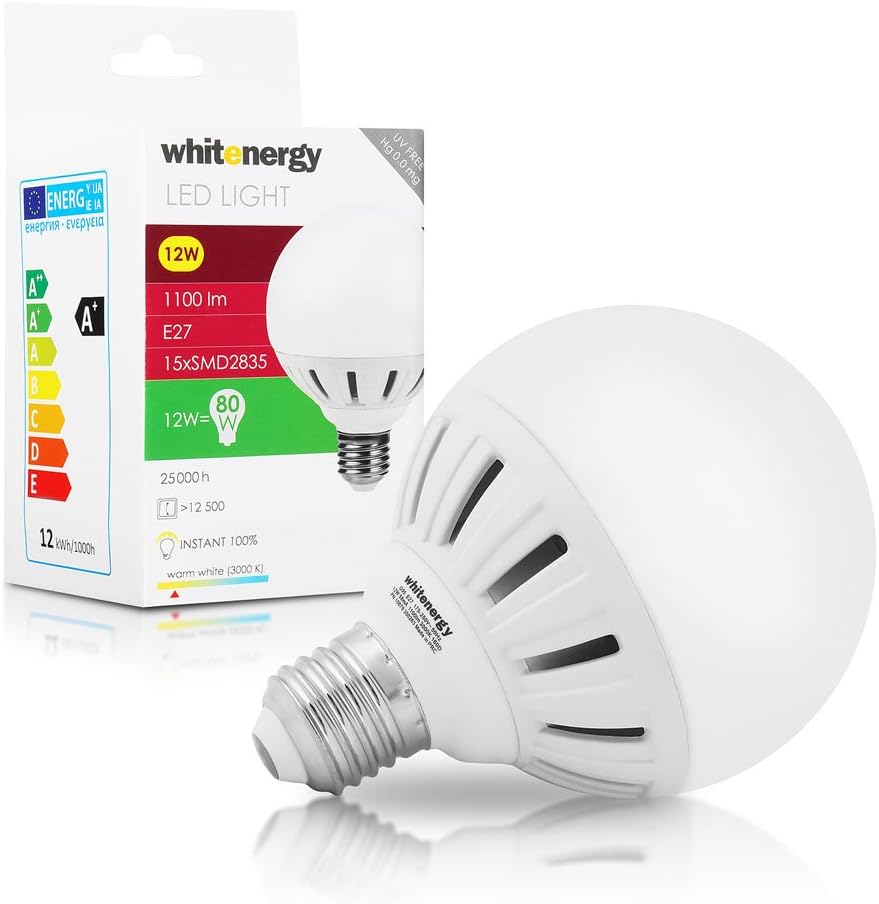 WHITENERGY® 12 Watt 1100 Lumens LED Globe Light Bulb E27 Edison Screw, 80W Equivalent, Beautiful Warm White Colour, 160 ? Beam Angle, Energy Saving, iDEAL Replacement For 80W - 90W Light Bulbs - G95 [Energy Class A+]