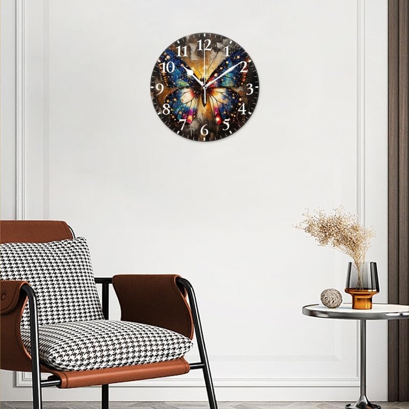 Battery Operated Round Wall Clock Non-Ticking Silent Analog Clcok Decorative for Living Room,Office,Kitchen-Butterfly in A Sparkling Setting(16inch)