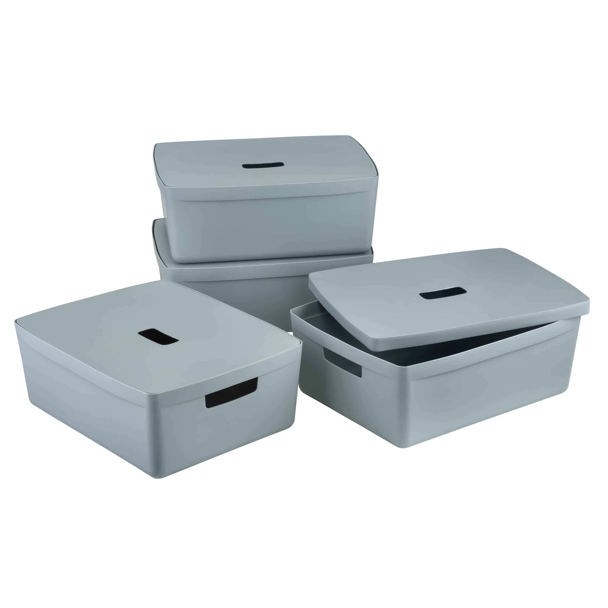 IDEA HOME Cajas de Almacenamiento con Tapa 8 Piezas - Cajas de Almacenaje de Plástico - Caja Organizadora para Baño Estantería con Tapa, 19L, Azul