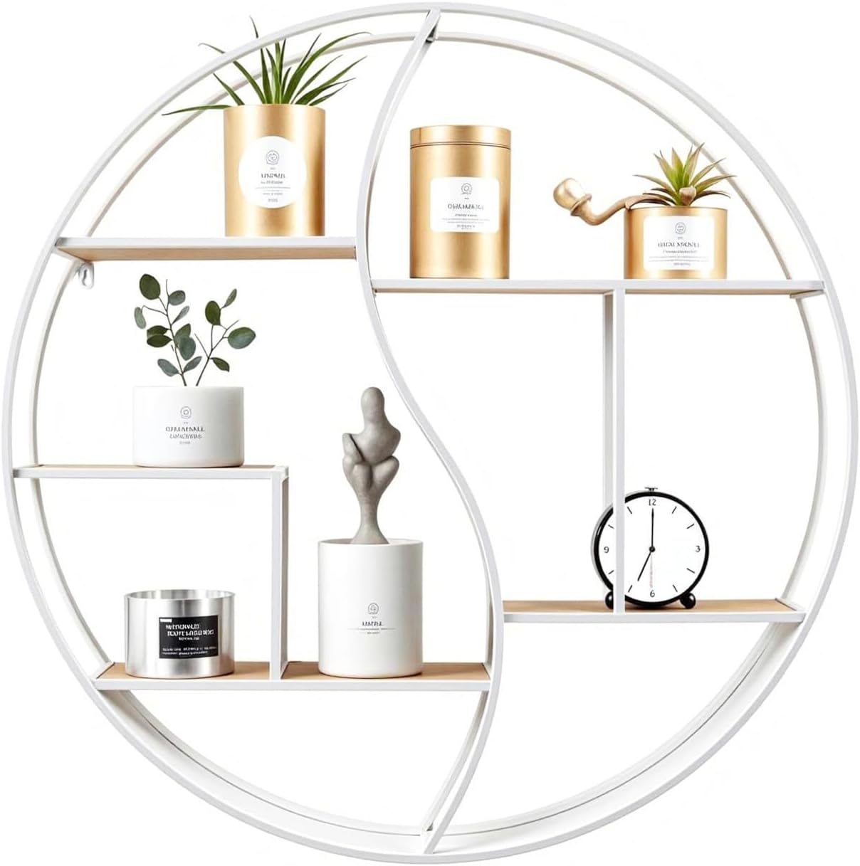 Round Wall Shelf,24 inch Metal Circle Wood Floating Shelves,Rustic White Wall Mounted Display Organizer Shelf for Fireplace,Living Room,Bathroom