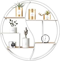 Vista 9 de Estante redondo de pared, estante circular de metal de 24 pulgadas, estantes flotantes de madera, estante organizador de exhibición plateado rústico