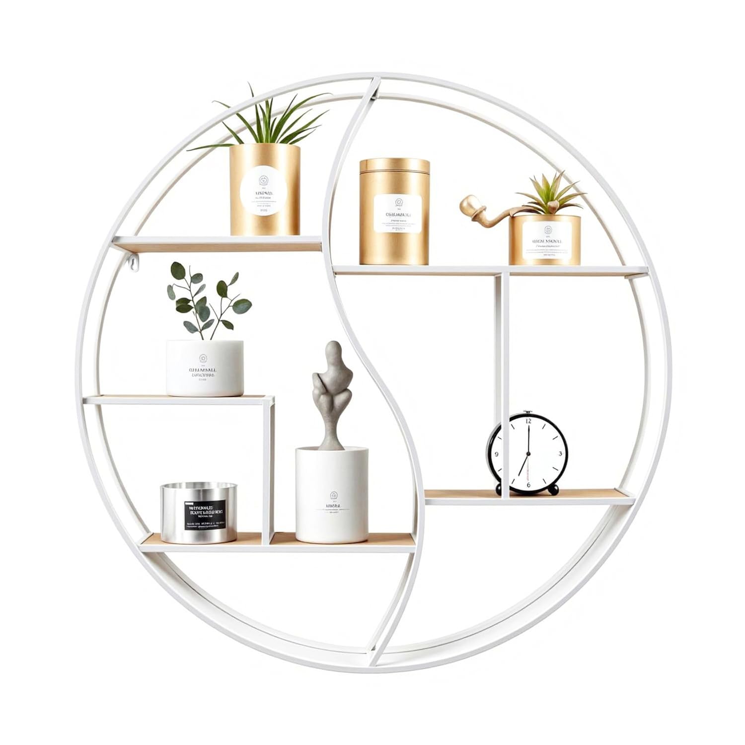 GLCS GLAUCUS Round Wall Shelf,24 inch Metal Circle Wood Floating Shelves,Rustic White Wall Mounted Display Organizer Shelf for Fireplace,Living Room,