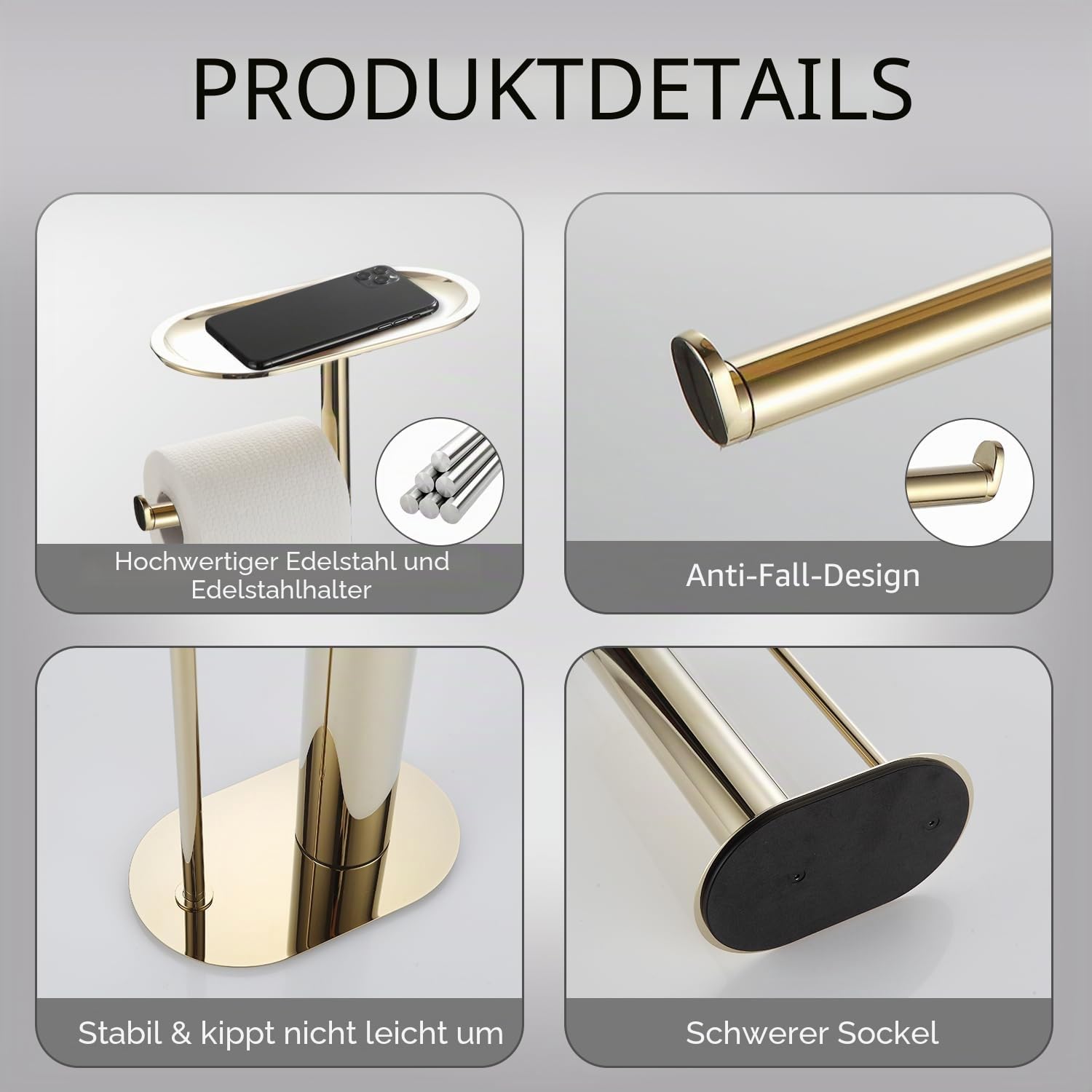 BGL Freistehendes Toilettenbürsten-Set mit langem Edelstahl Gold – WC Bürste & Klobürste mit Toilettenpapierhalter, 3-in-1 Set mit Ablage, Modernes Design