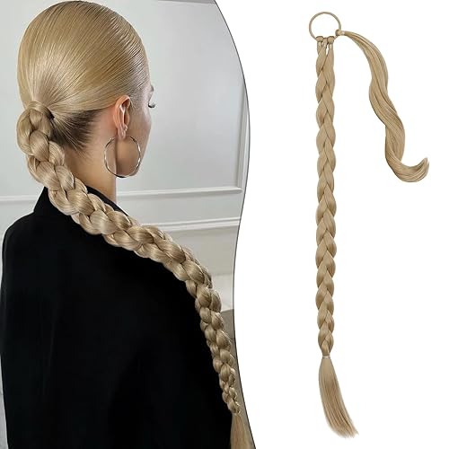 Extensión de cola de caballo trenzada de 26 pulgadas de largo con banda para el cabello, rubio ceniza, lacio, envolvente para mujeres, sintético, de