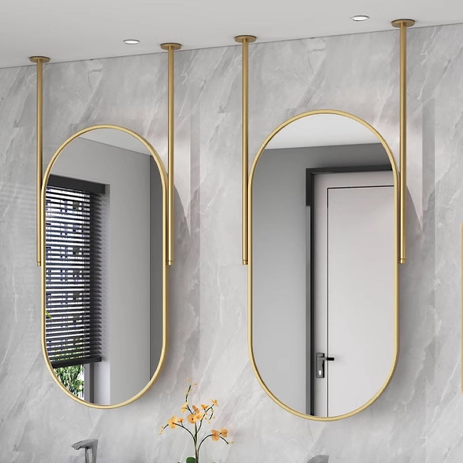 Modern Ceiling Hanging Oval Mirrors with Gold Metal Frame and Ceiling Rods x 2, Bathroom Floating Hanging Makeup Shaving Mirror Living Room Entrance Decorative Wall Mirror - Boom can be customized ( S