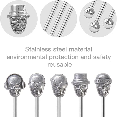 Miniatura 2 de Mewuthede Palitos Swizzle con forma de calavera, reutilizables, de acero inoxidable, agitadores de bebidas para café, cóctel, paquete de 5 palitos