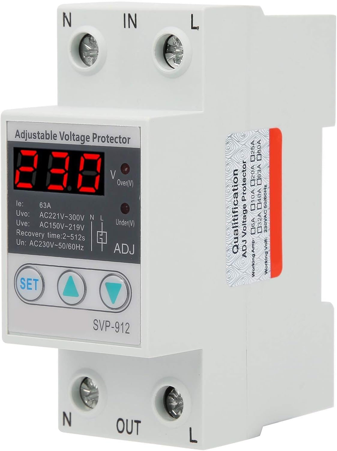 Voltage Protector Adjustable Under Over Voltage Protection, Voltage Output Stabilizer for Home Office Appliance, Protector Current Stabilizer Voltmeter for House Protection(63A)