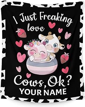 Personalized Cow Blanket Gifts with Name - 40"x50" Cute Throw for Women, Girls - Black Soft Fuzzy Blankets for Couch & Sofa
