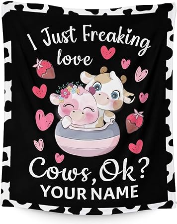 Personalized Cow Blanket Gifts with Name - 40"x50" Cute Throw for Women, Girls - Black Soft Fuzzy Blankets for Couch & Sofa