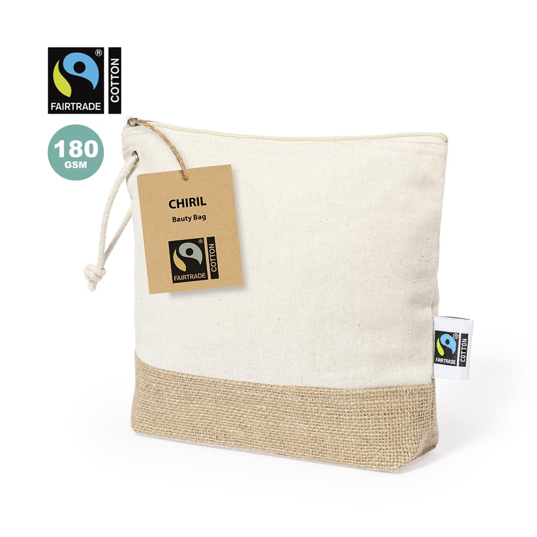 Fair Trade Certified Cotton Makeup Bag Jute Sides Women's Toiletry Bag Zipper Closure and Matching Handle Cosmetic Makeup Bag 21.5 x 16.5 x 5 cm - Image 2