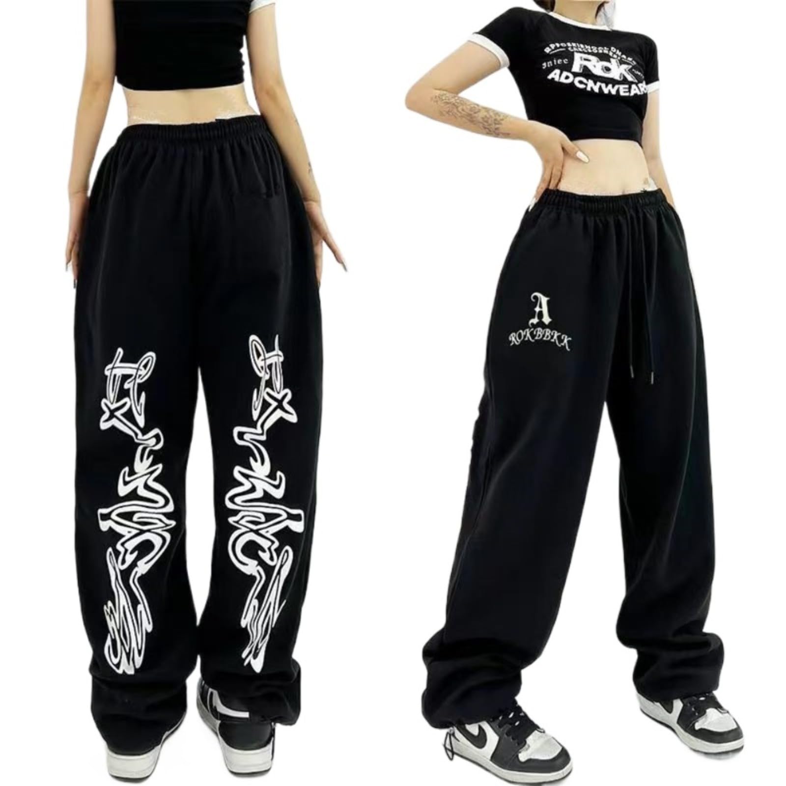 Pantalones deportivos de baile hip hop, ajuste holgado, estampado de graffiti, cintura elástica, color blanco y negro, S-3XL