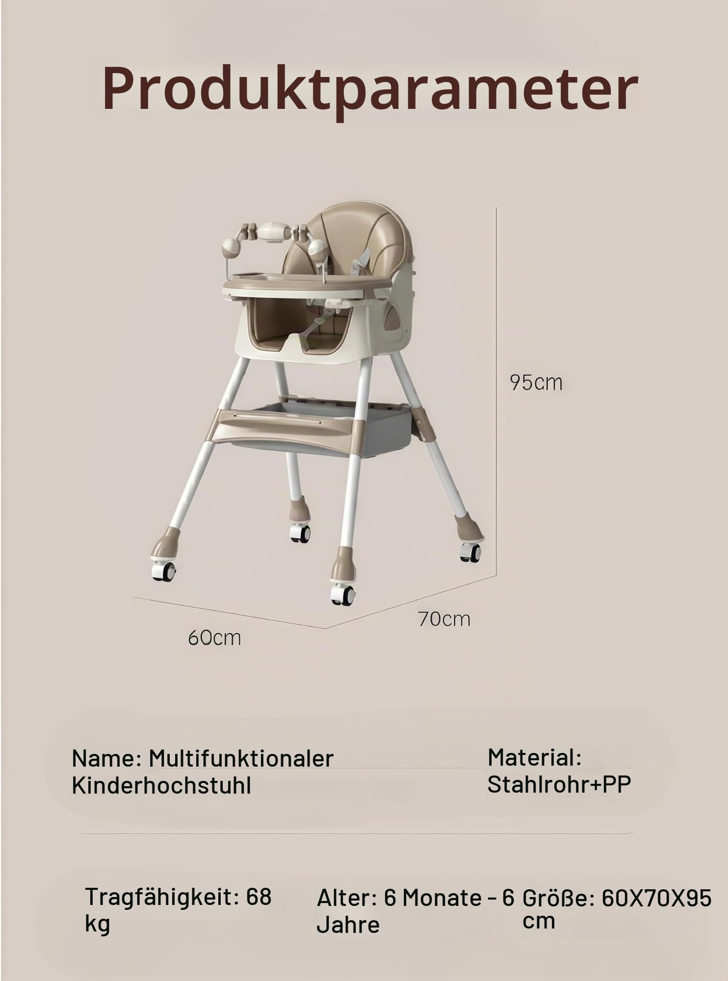 Magic ZC Baby Hochstühle Baby-Hochstuhl Kleinkind-Esszimmerstuhl mit Schwingmodus und 3 Liegepositionen mit abnehmbaren Doppelplatten und Rädern mit bequemer Lagerung (560 Khaki)