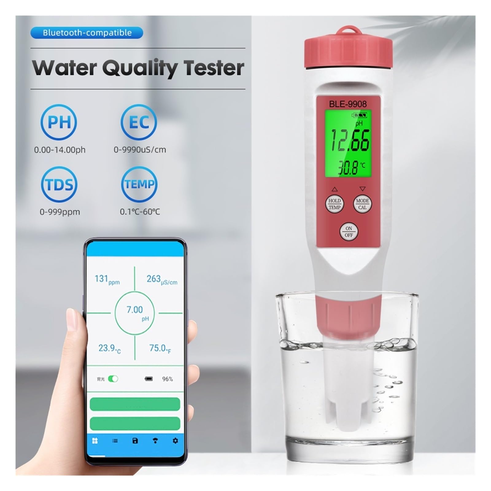 Blue Tooth 4 In1 PH/TDS/EC/Temp Meter Digital Water Quality Tester Smart Online Monitor Controllo App for Acquari Pool Rilevamento Rapido E Preciso(PH EC Temp)