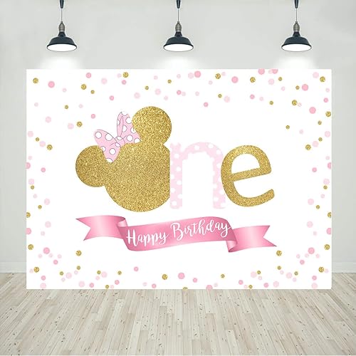 Telón de fondo de 1er cumpleaños de ratón rosa y dorado para niñas, caricatura, lunares, fiesta de primer cumpleaños, decoración de fotos, disponible en Yaxa Peru