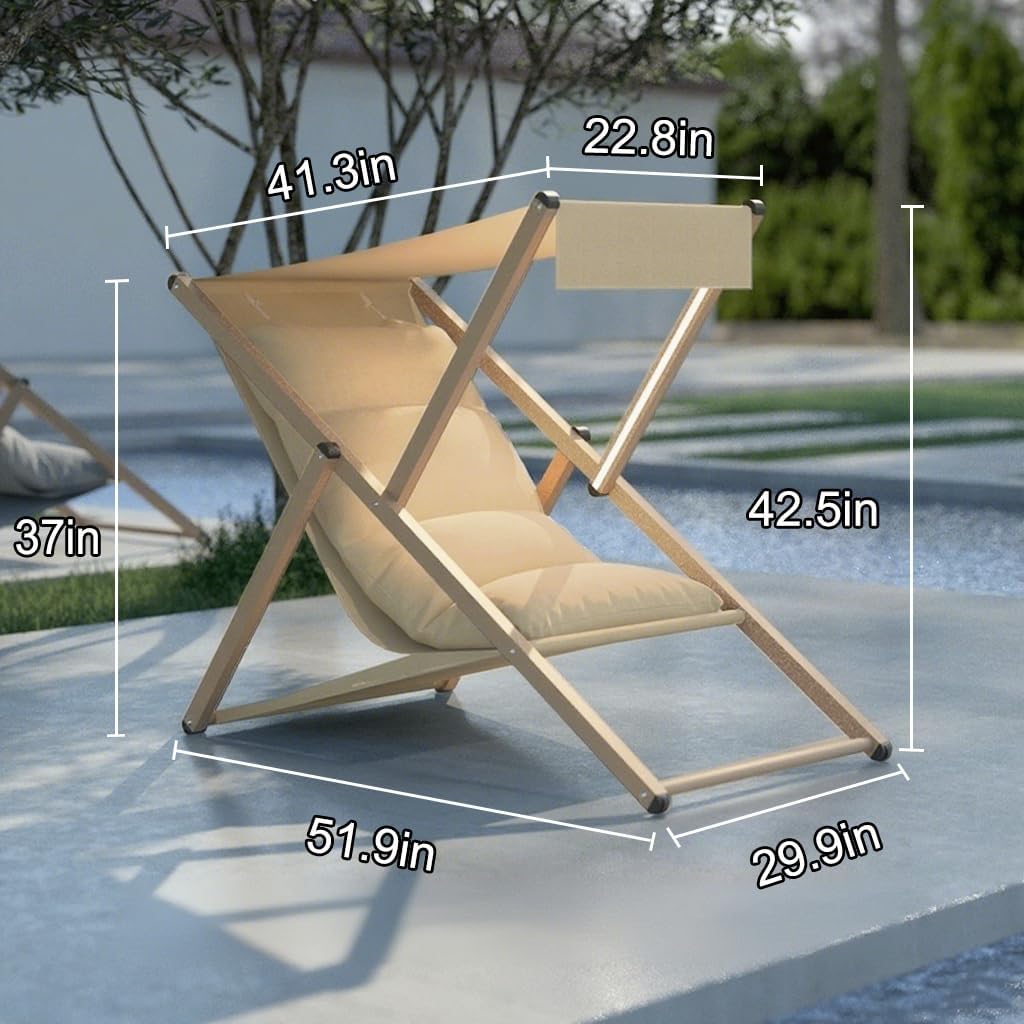 Beach Lounge Chair with Canopy, Folding Reclining Outdoor Chaise Lounger, Beach Chair Pool Sunbathing Lawn Lounger for All Weather, No Assembly Required (Khaki)