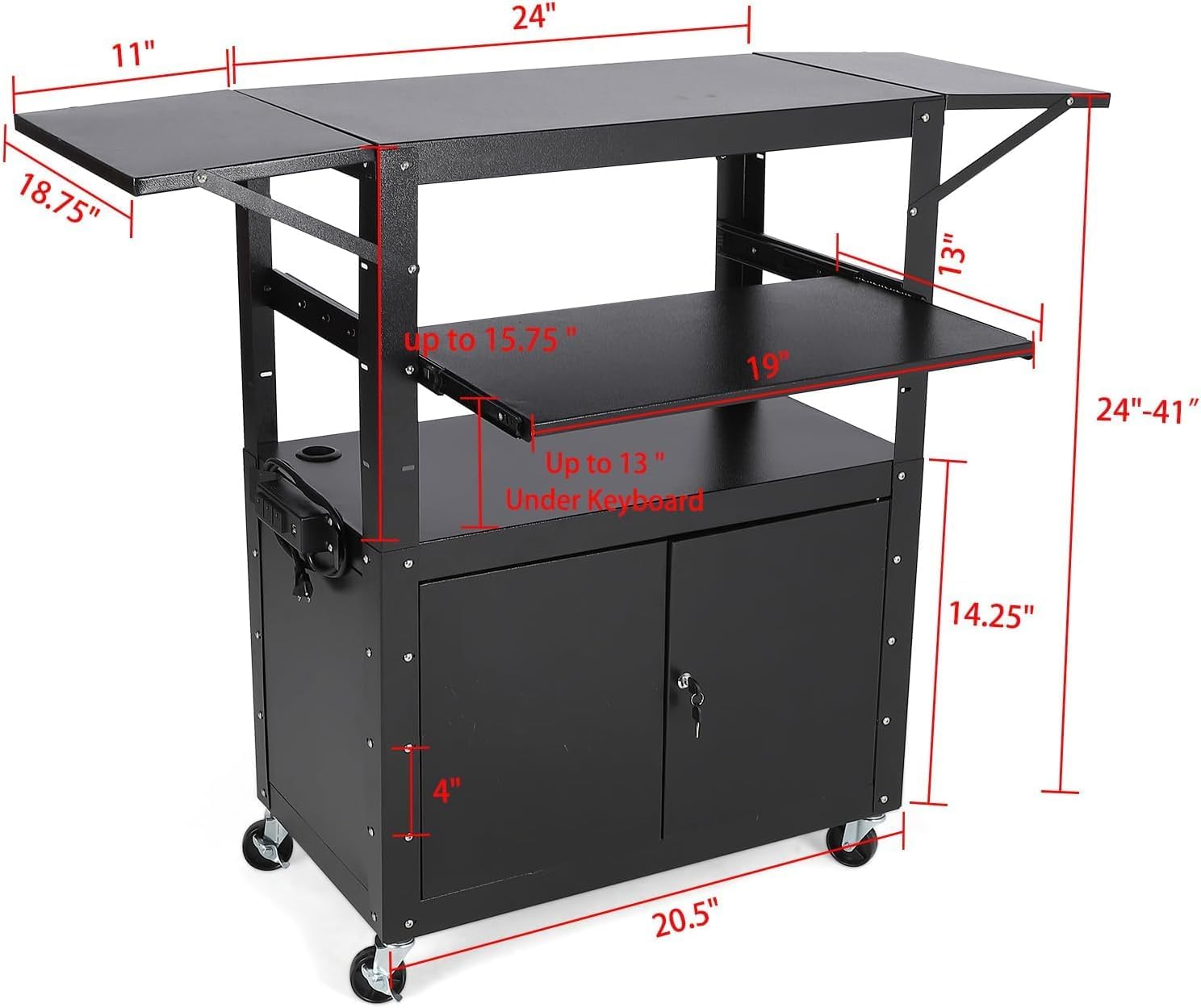 Rolling AV Cart with Locking Cabinet, Laptop Stand, and Drop Leaves, Height Adjustable Mobile Utility Cart Workstation with Extra Storage Space, Power Strip