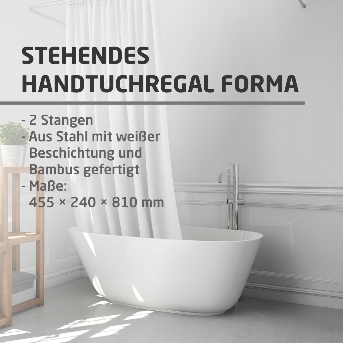 Amig - Weißer freistehender Handtuchhalter mit Holzstangen - Doppelständer für Badetücher - Minimalistischer Stil mit stabilem Metallfuß - Kein Bohren erforderlich