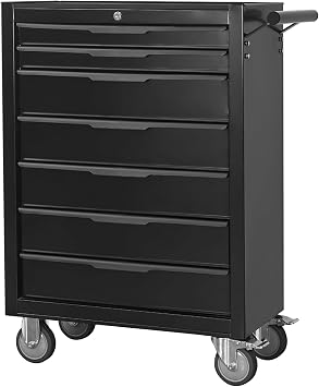 7 Drawer Rolling Tool Chest Cabinet, Large Capacity Metal Tool Box with Wheels and Cylinder Locking, Storage Organizer Tool Cart for Garage, Warehouse, Work Shop 7-Drawer Black