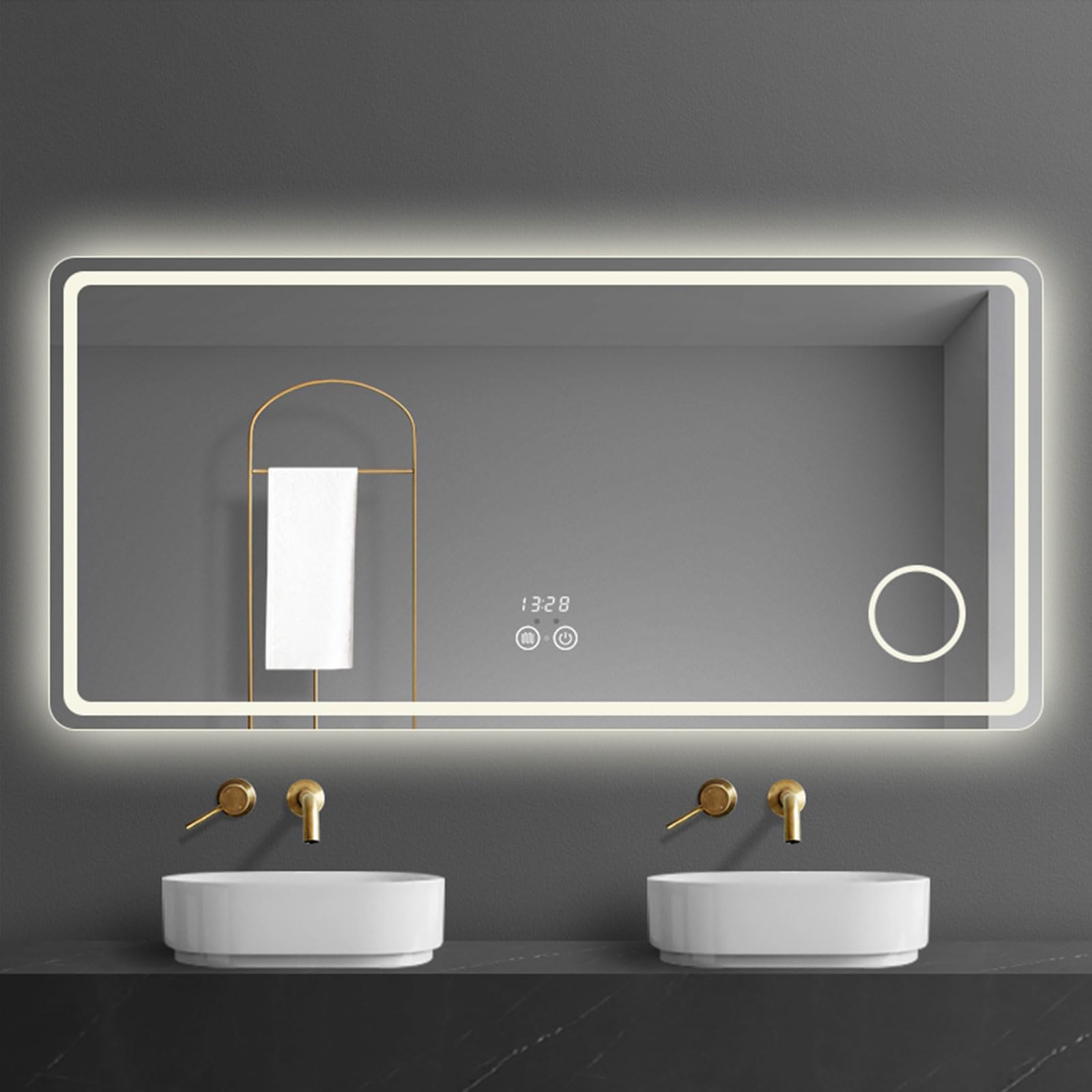FGXHHS Led with Lights - Smart Mirror, Anti-Fog, 3 Adjustable Brightness Levels,Shatterproof Tempered Glass,Magnifying Glass, Clock 70 * 90cm/27.5 35.4in