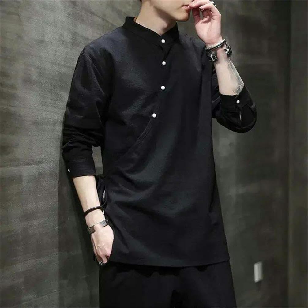 Ethnic Style Men's Long-Sleeved Cotton Linen Shirt Solid Color Oblique Button Chinese Traditional top