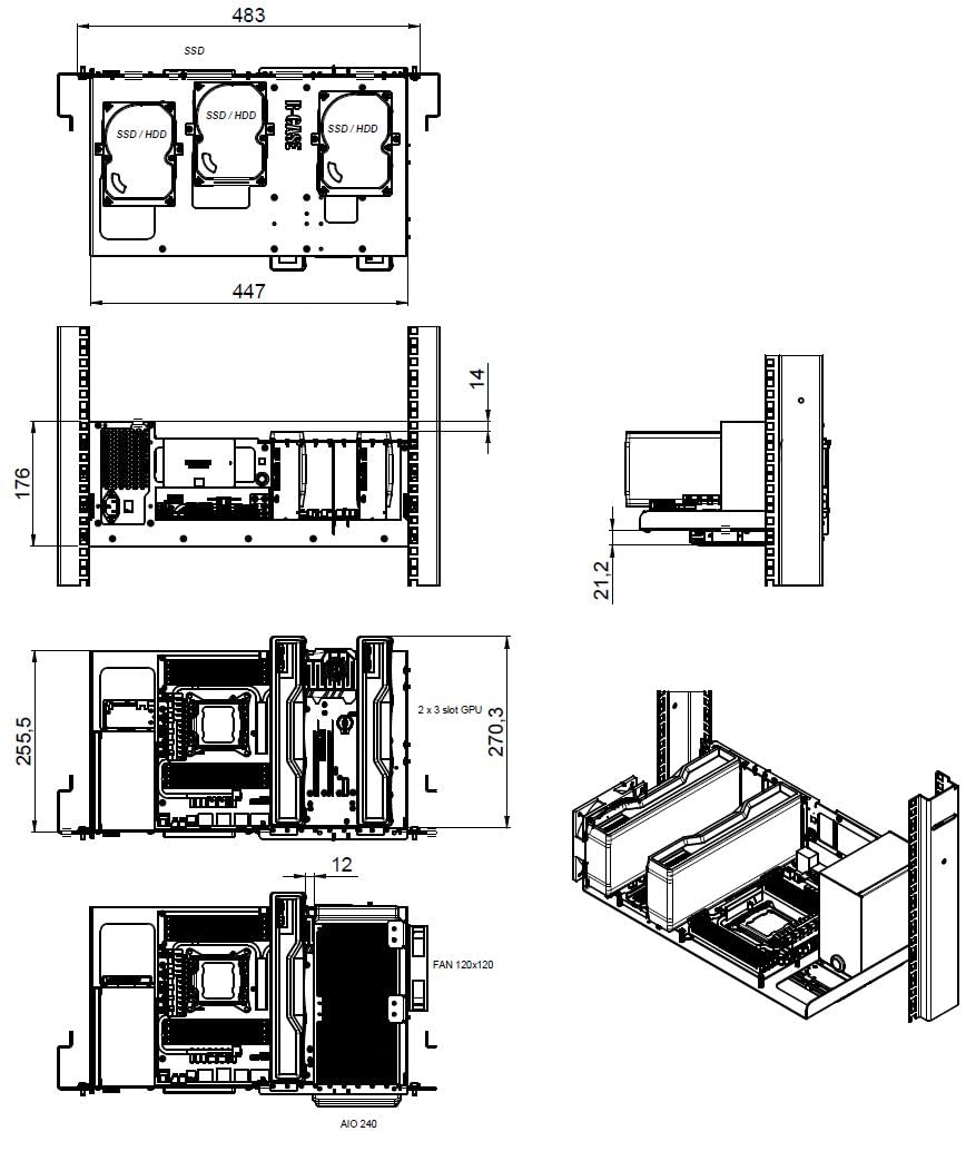 Boîtier serveur R-CASE 1 PRO RAW ATX 4U Boîtier ouvert AIR, 19 pouces RACK case, ATX, stockage, AIO 240 mm