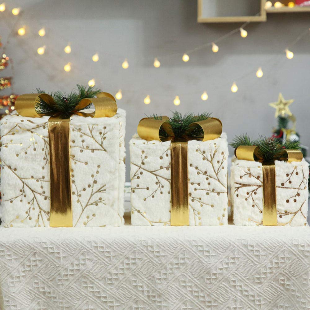 YWZQ Plush Set of 3 Light Up LED Gift Boxes Square Round Christmas Decorative Iron Christmas Parcel Set Warm White Lights Indoor Outdoor Decoration Shop Window Ornaments-Square