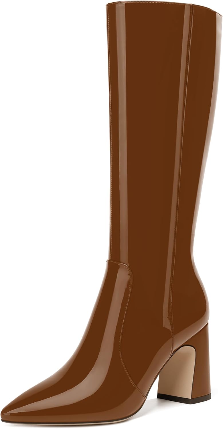 SKYSTERRY Womens Zip Casual Patent Pointed Toe Wedding Block High Heel Knee High Boots 3.3 Inch