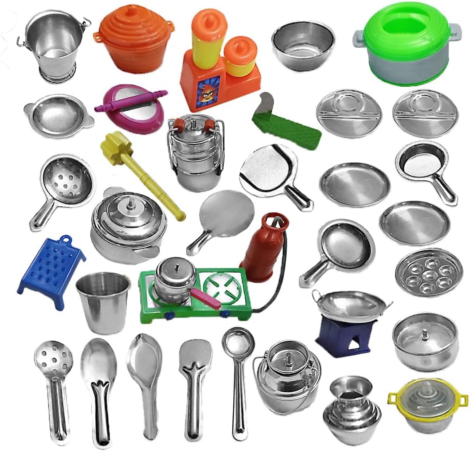 Kikaroo Miniature Kitchen Set for Kids โ |36 Items| Stainless Steel Pretend Play Cookware | Role Play Cooking Utensils for Boys & Girls | Screen-Free Activity