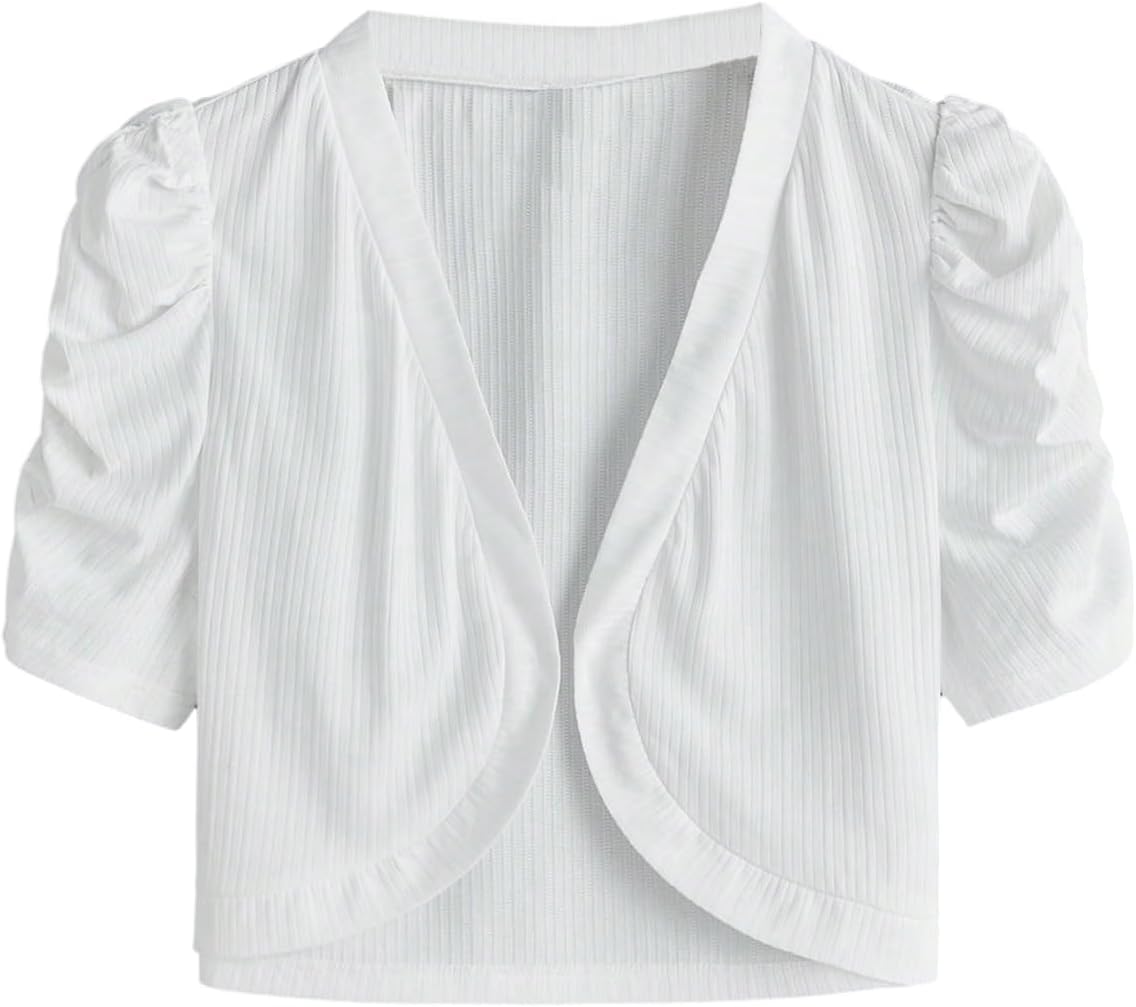 Women's Plus Size Ruched Puff Short Sleeve Bolero Shrugs Open Front Cropped Cardigan