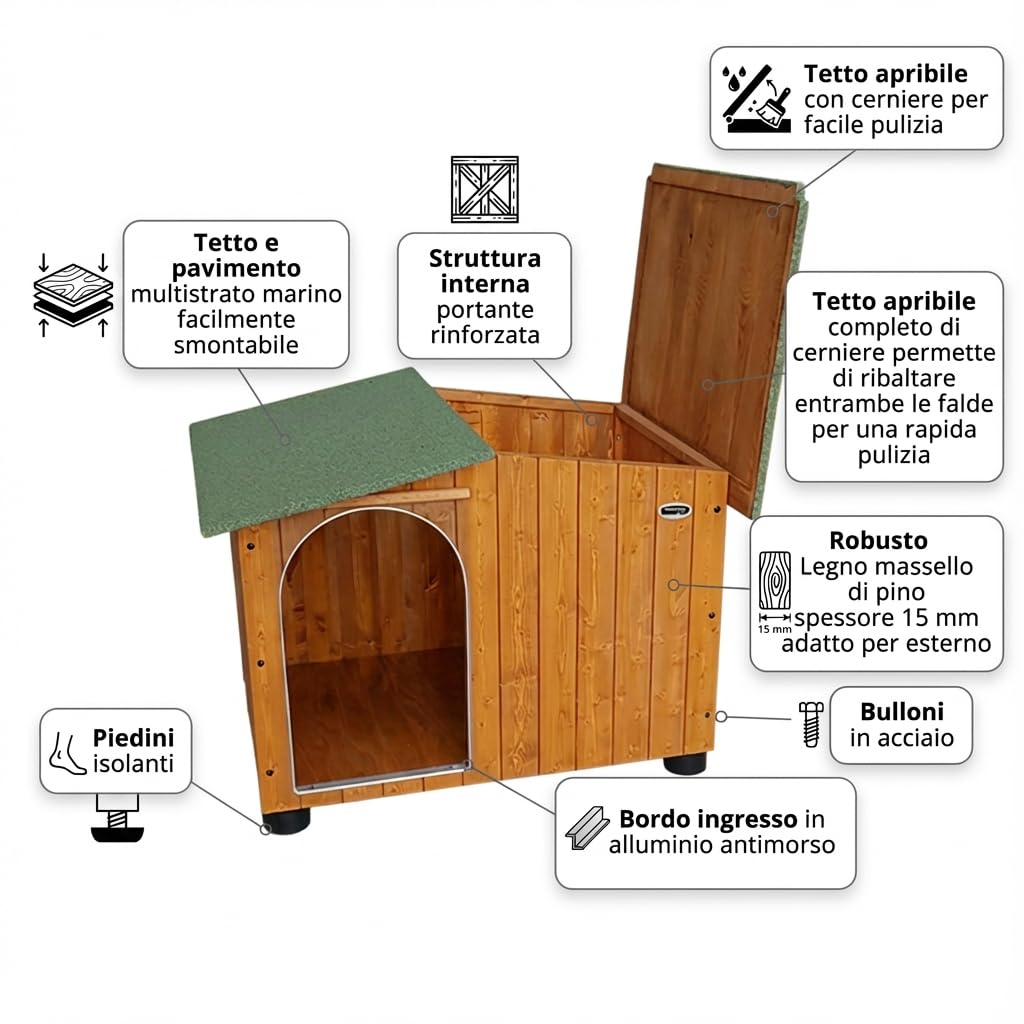 Cuccie per cani e gatti in robusto legno massello anti morso in Alluminio TETTO APRIBILE (Cuccia Barboncino Tetto Apribile)