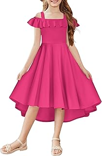 Girls Summer Dress Off Shoulder Flutter Sleeve Midi Swing Cassual Formal Dresses with Pocket - Buy now