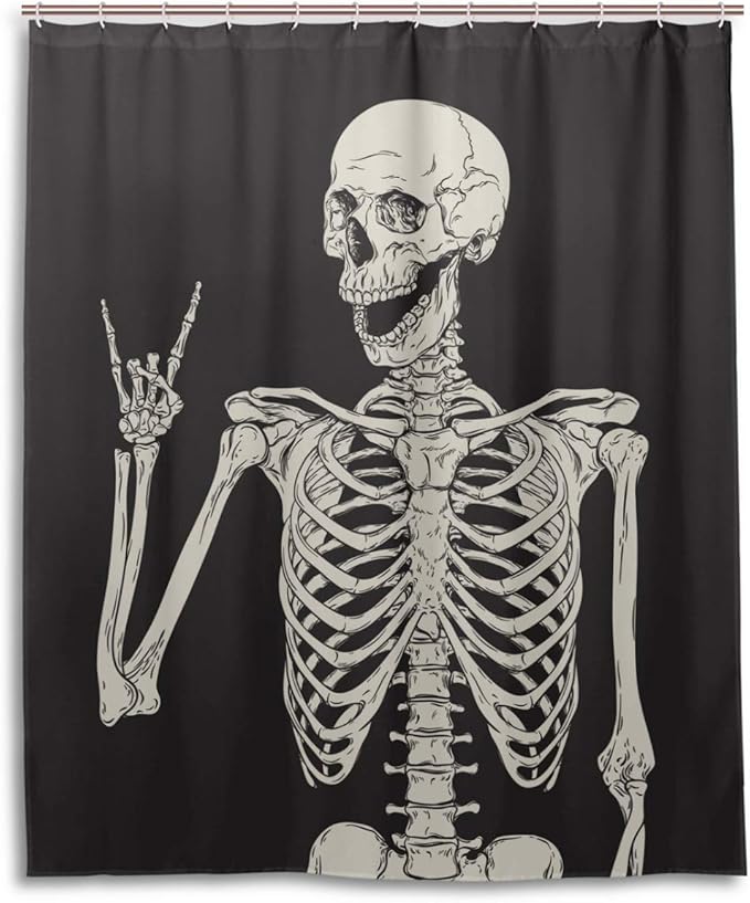 Wamika Rock and Roll Skull Skeleton Bone Love Music Shower Curtain Polyester Waterproof, Sugar Candy Skull Day of Dead On Black Backdrop Bath Room Shower Curtain with Hooks 60 W x 72 H inches