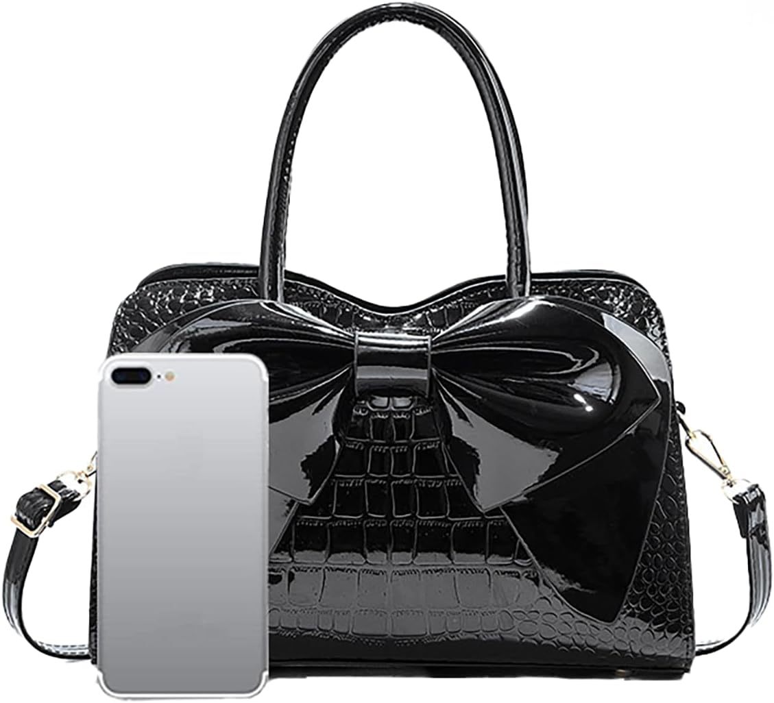 Crocodile Embossed Tote Bag, Bow Design Top Handle, Zipper Closure, Evening Party Crossbody Purse - Image 7