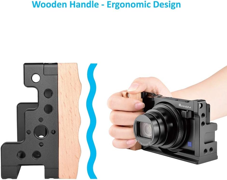 Uр Tо 60% оƒƒ ANNSM Camera Cage Video Rig for Sony RX100 VII /RX100 M7and RX100 VI /RX100 M6 Compact Cameras with Wooden Handle Grip Aluminum Alloy Frame Compact Lightweight Black