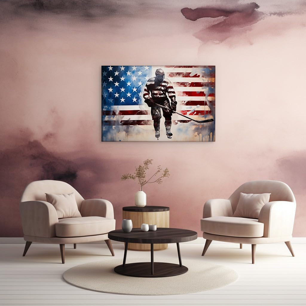 Canvas for Living room. Power and Patriotism on Ice: The Essence of American Hockey Spirit, 27 x 18 inch Canvas Wall Art - Driver - Modern Home Decor