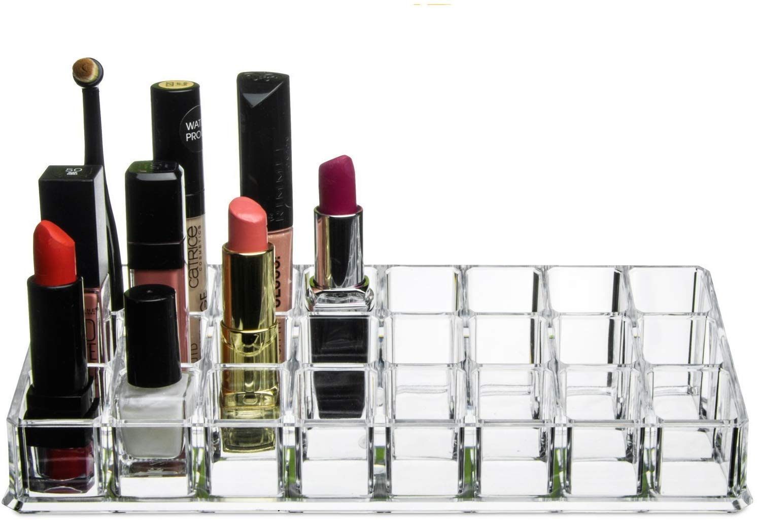 HEMJEX 24 Compartment Clear Acrylic Brush Compacts Eye Shadows Lipsticks Nail Polish Holder (Transparent)