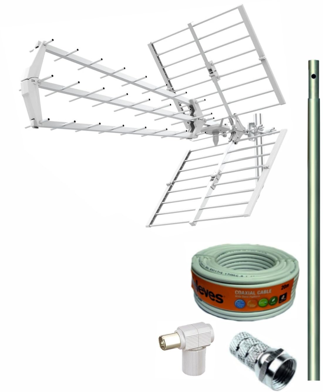 TECNOVOZ Zestaw anteny telewizyjnej 5G 20 Db + MASTIL 1,20 m + 20 m kabel rolkowy + złącza