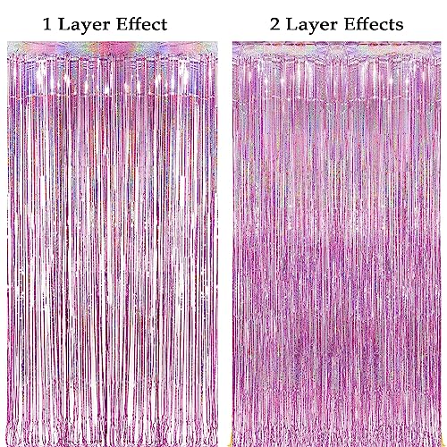 Image of 4 Pack Pink Tinsel Party Backdrop 12.8x8.2 Feet Glitter Metallic Tinsel Foil Fringe Curtain, Pink Backdrop Curtain Door Streamers for Birthday Bachelorette Graduation Christmas Party Decorations