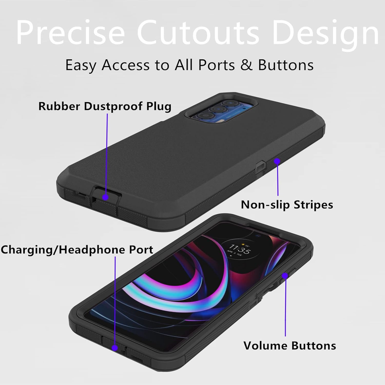 Heavy Duty Defender Case for Motorola Moto Edge 2021/5G UW, Black, Rugged, Shockproof, Dustproof, 3 in 1 Design, Military Grade Protection
