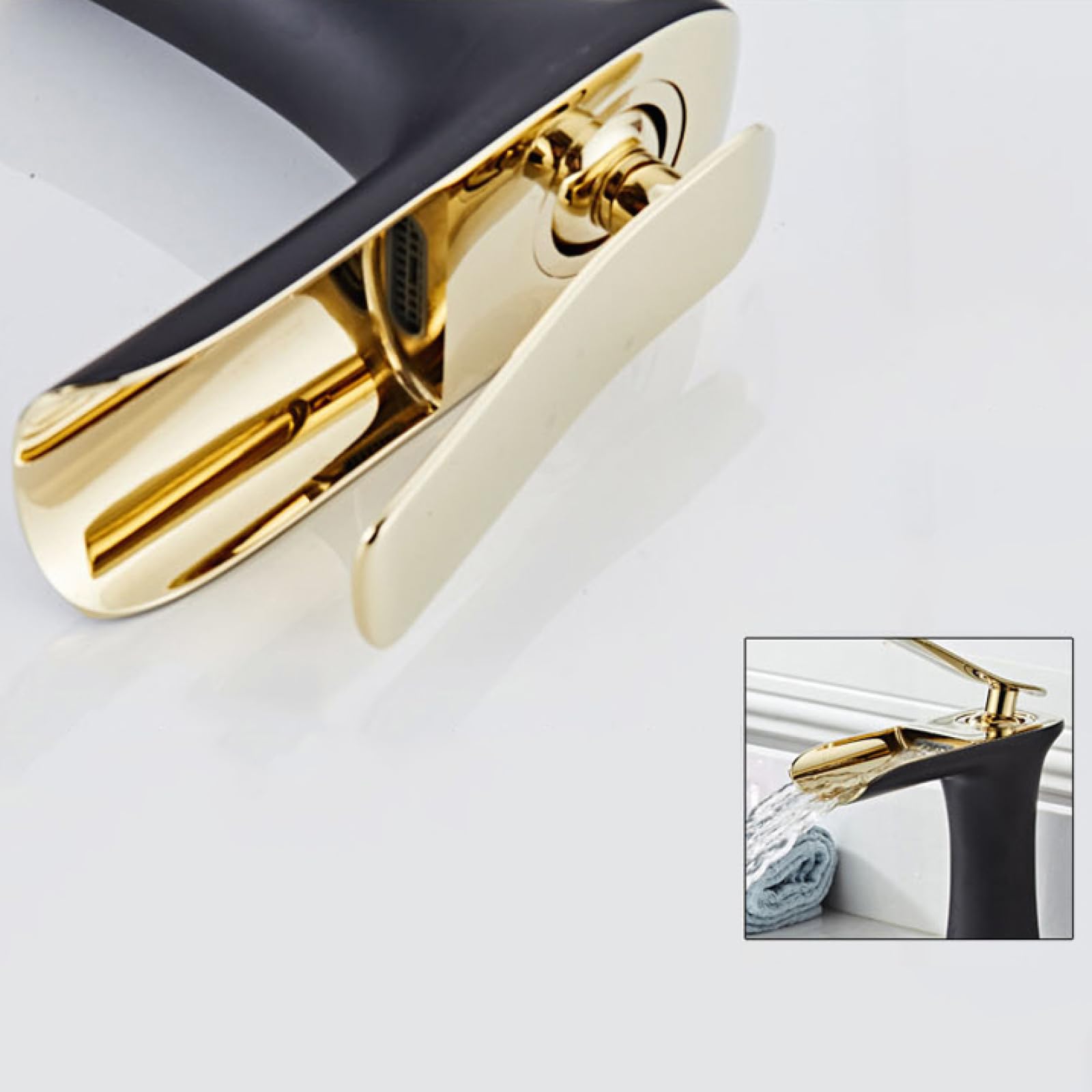 Wasserhahn Badezimmer Wasserfall,Messing Mischbatterie,Mischbatterie Waschbecken Einhebel,Waschtischarmatur Wasserfall,Armatur Bad Wasserfall,schwarzes Gold,Hoch