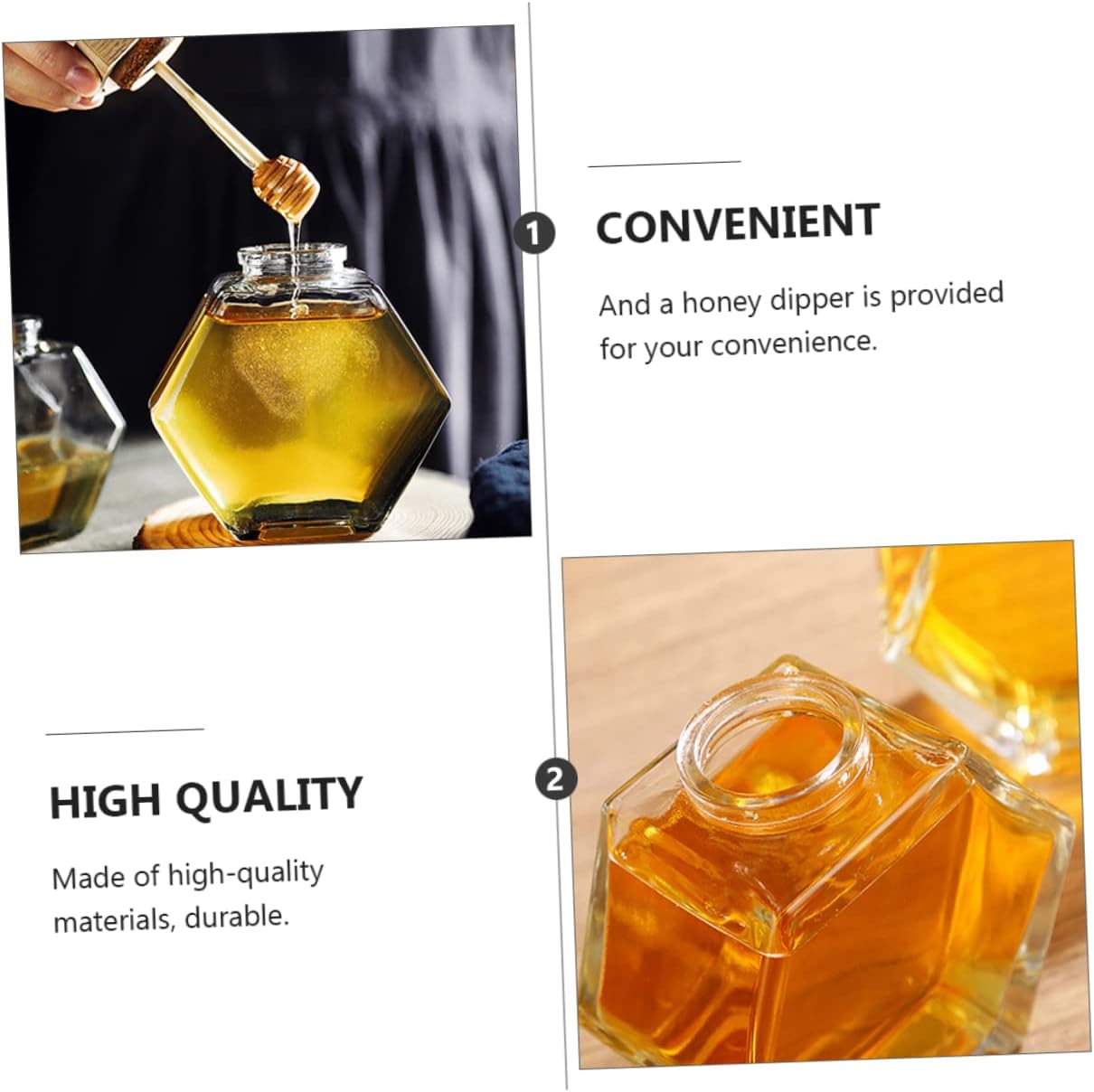 Ciieeo 2pcs Sealed Honey Glass Jar Wooden Lid Stirring Rod Hexagonal Design for Fashion Taste