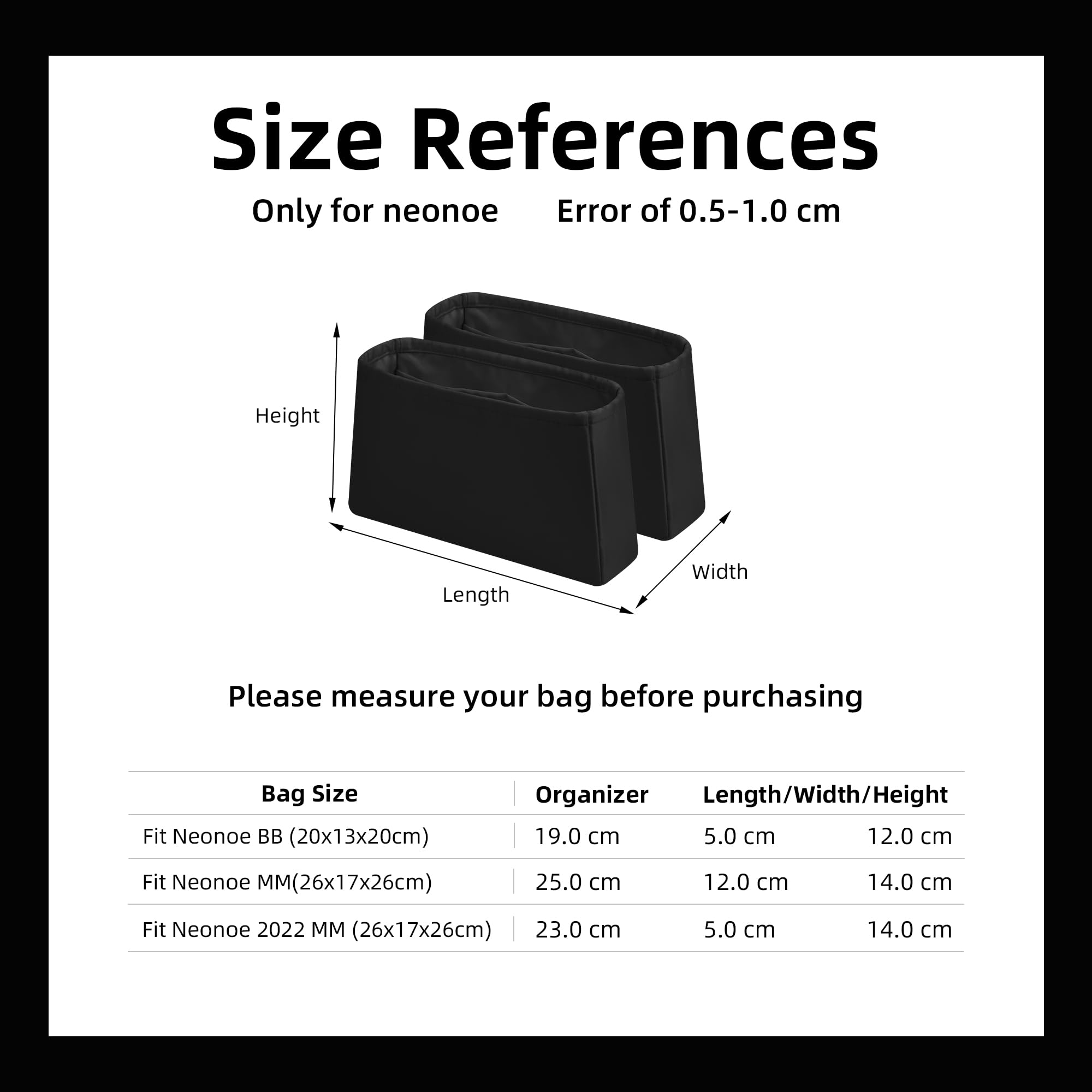 DGAZ Organizador Bolsos de Seda, 2 Piezas Organizador Bolsa Interior Ligera para Neonoe BB con Compartimento, inserto de bolsa para bolso (Noir, Neonoe BB)