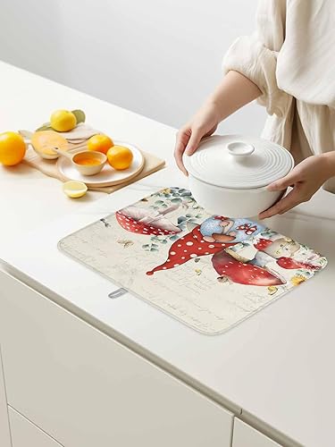 Miniatura 2 de Tapete de secado de platos de hongos para encimera de cocina, gnomos rojos, tapete de cocina de primavera, almohadilla de secado de microfibra para