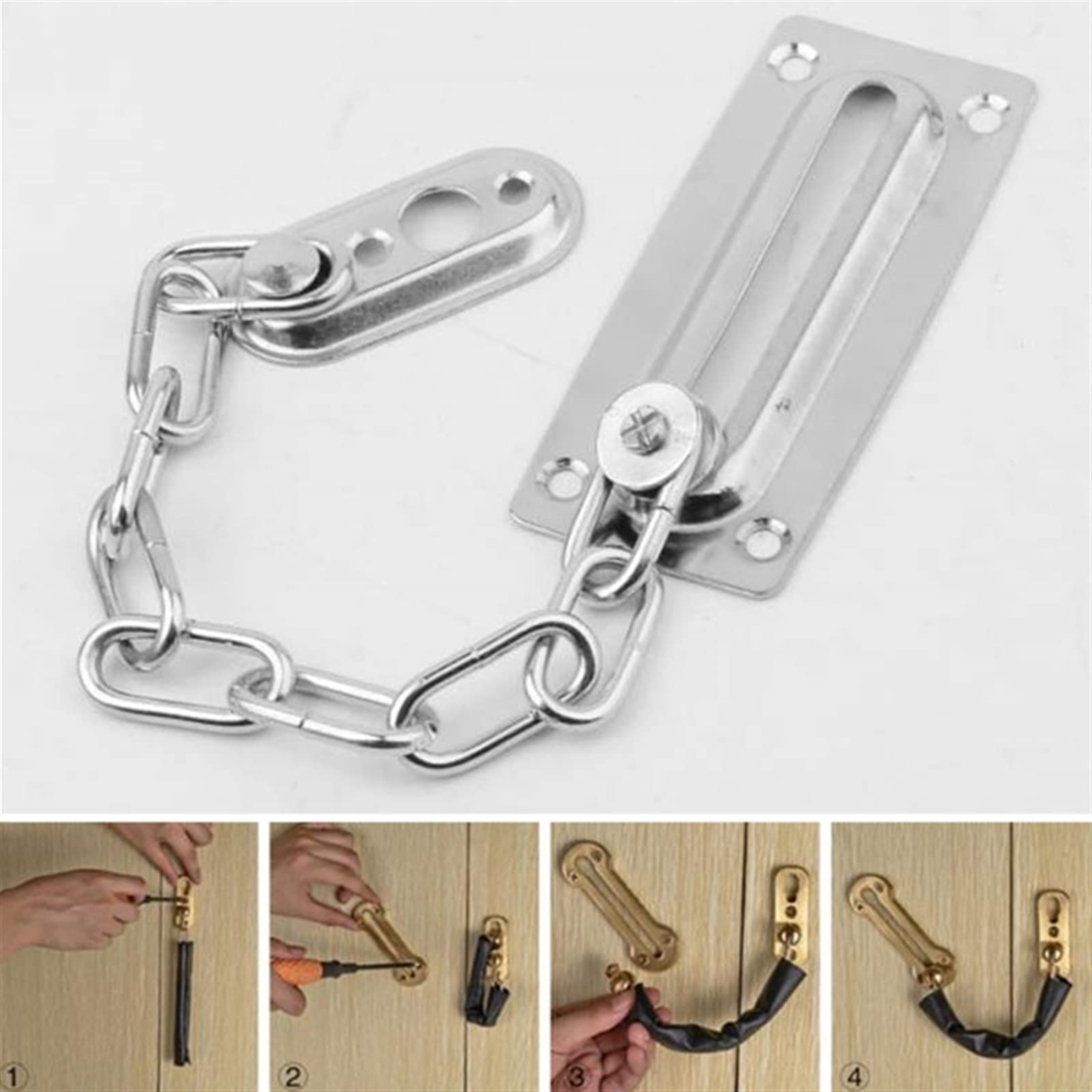 Cadena de puerta de acero inoxidable, cerradura de cadena para puerta interior con perno deslizante y llave, color plateado