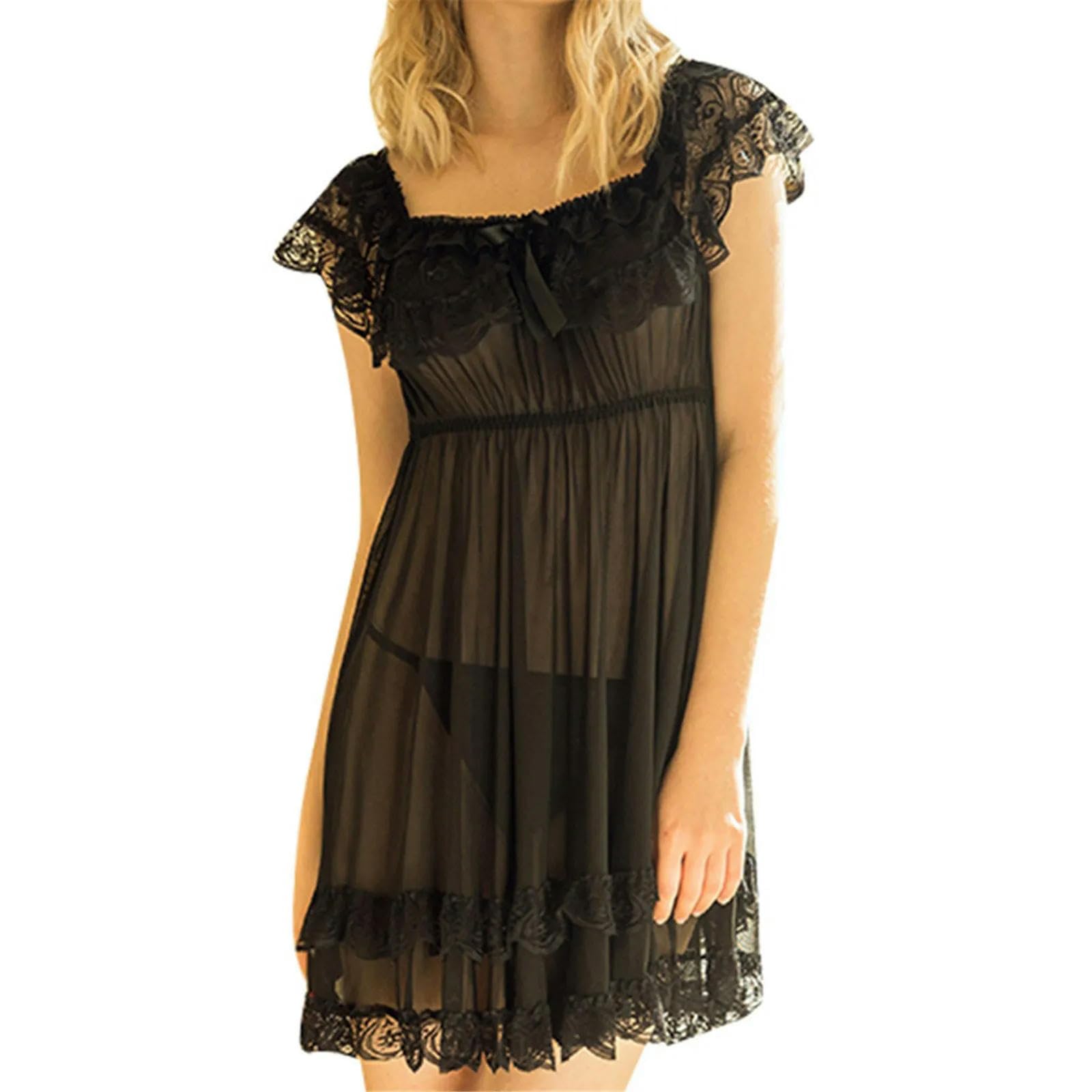 ARESU Sexy Lingerie Home Nightdress Women's Short Sleeve Lace Satin Vintage Summer Nightdress Pajamas Nightwear Sleepwear Lingerie-Black-L