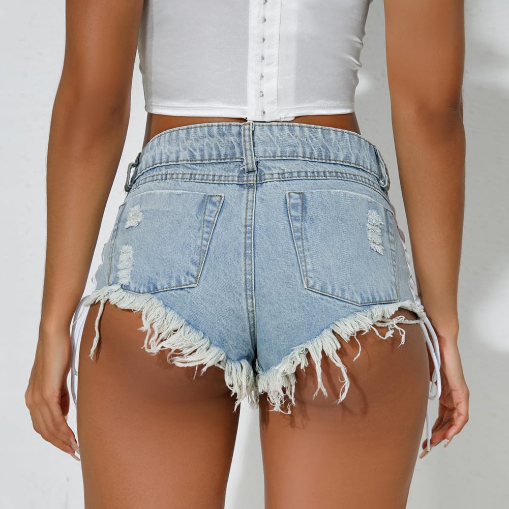 LAFOURAM Womens Jeans Shorts Summer Low Rise Ripped Distressed Lace Up Hollow Out Frayed Raw Mini Denim Shorts