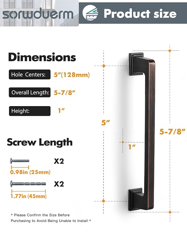 SORWDUERM 10 Pack Oil Rubbed Bronze Cabinet Pulls Square 5"(128mm) Hole Center Cabinet Handles Drawer Pulls Cupboard Kitchen Hardware by SORWDUERM - Used condition - Image 2