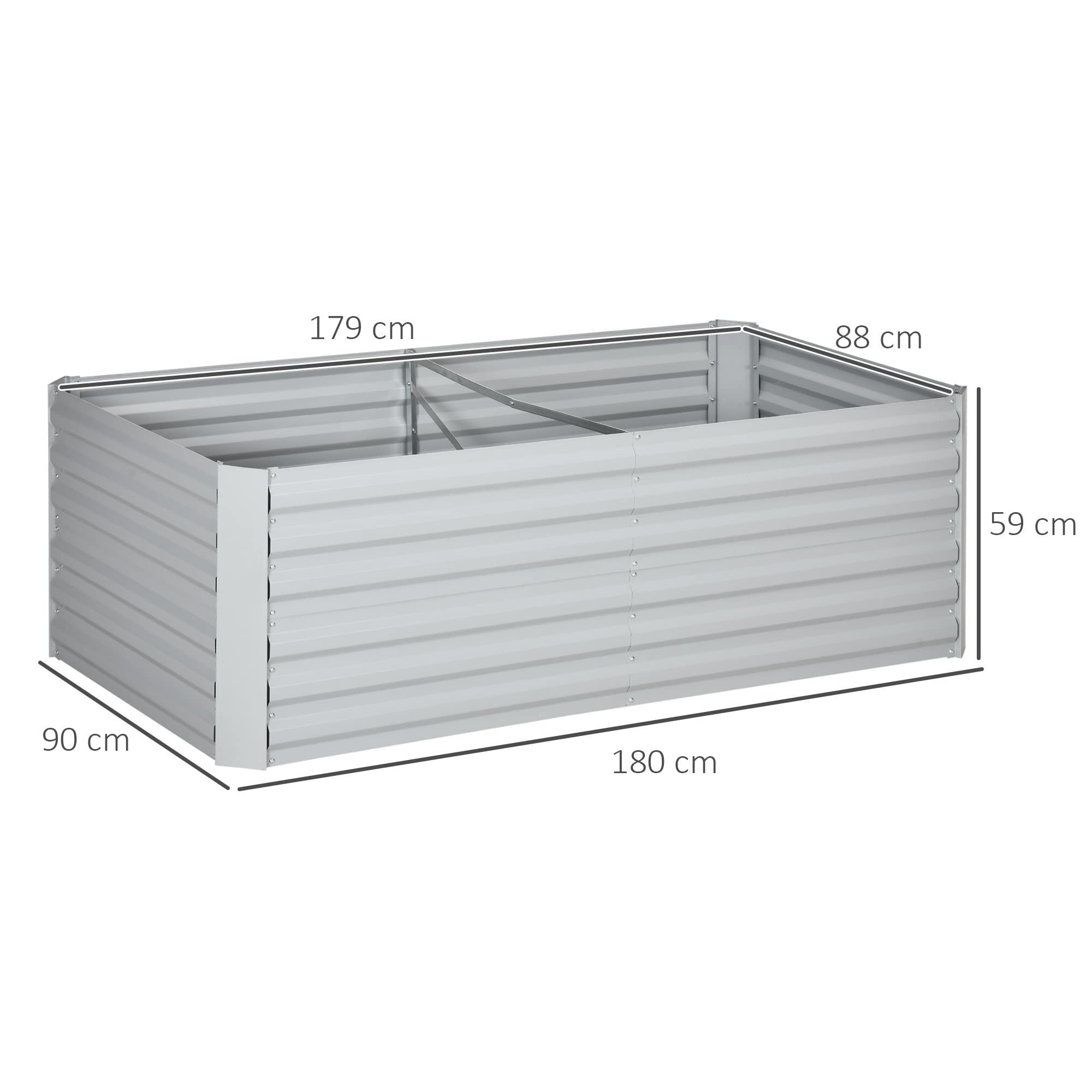 Outsunny Podwyższone grządki ogrodowe ze stali ocynkowanej na zewnątrz z wieloma wzmocnionymi prętami do warzyw, roślin, kwiatów i ziół, 180 x 90 x 59 cm, jasnoszare