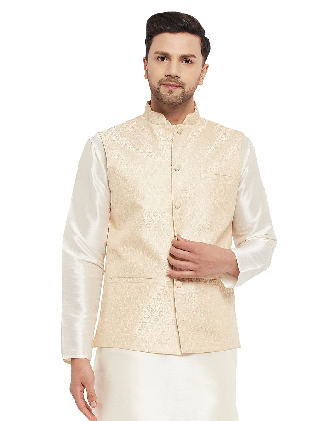 VASTRAMAYVM Mens Silk Blend Nehru Jacket - Timeless Style & Versatility | Banarasi Brocade Woven Jaquard Modi Jacket | Ethnic Sleeveless Coat for Formal & Casual Wear